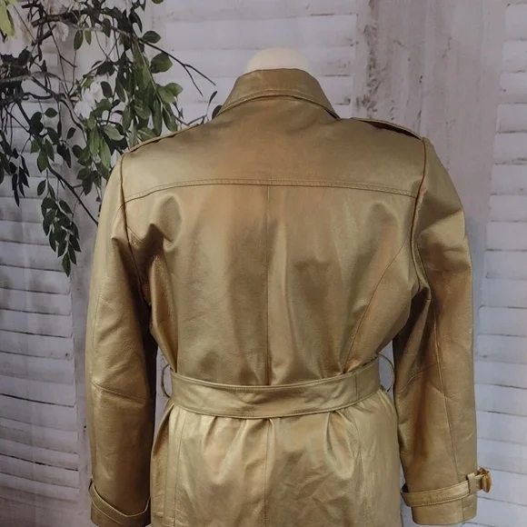 Vintage Jerry Lewis Gold Leather Trench Coat Women's Size 1X - Picture 9 of 9